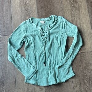 Sundance Sage Green Lace-Up Ribbed Long Sleeve Top